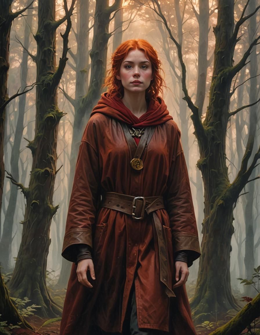 Druid Girl in Misty Forest, Acrylic Fantasy