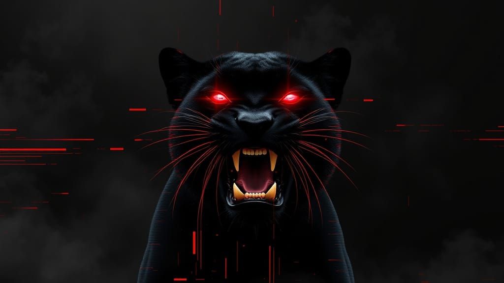Glitch Art Black Panther with Glowing Red Eyes