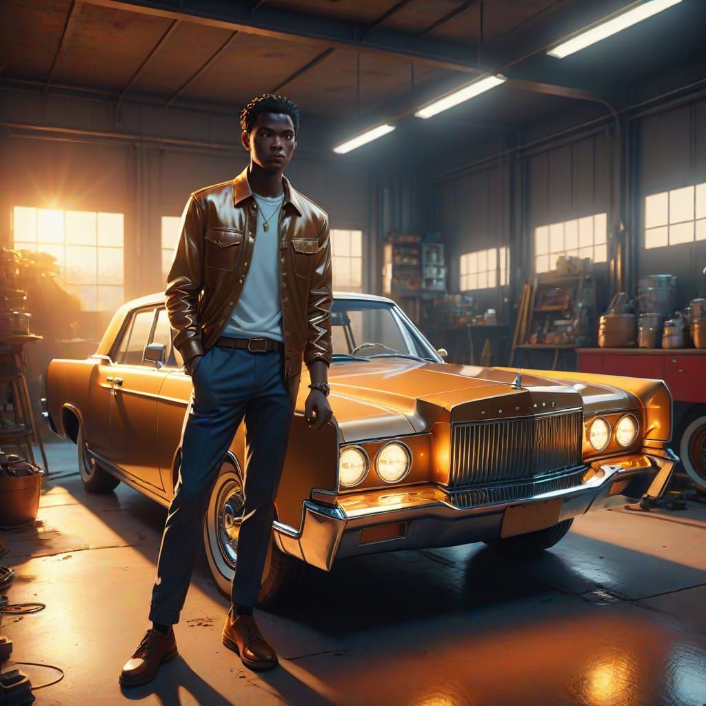 Vibrant Dark Fantasy Garage Scene in 3D Anime Art Style