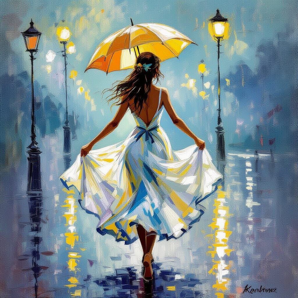 Woman Made of Flowers Dancing in Rain on Beach