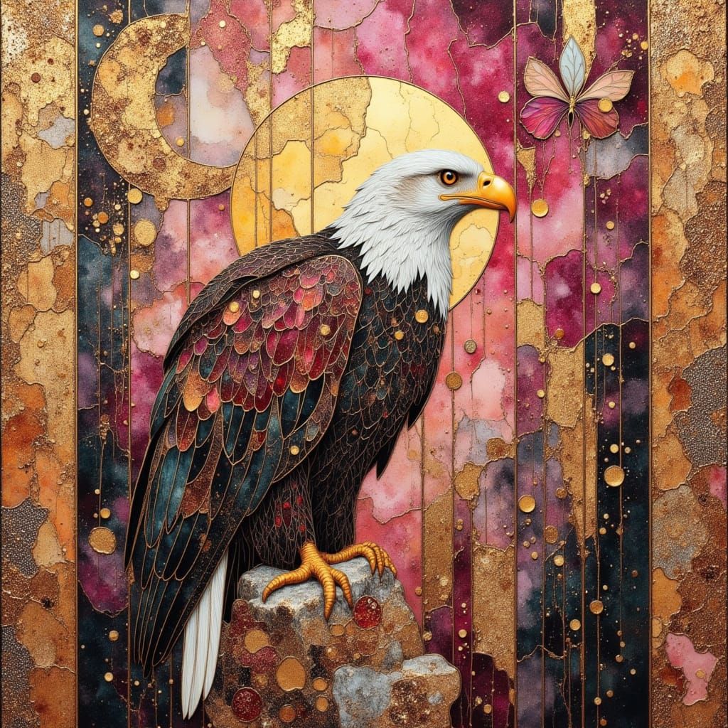 Art Deco Bald Eagle in Surreal Mixed Media Collage