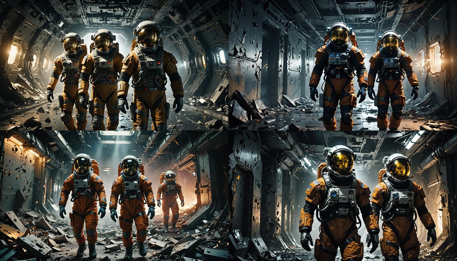 Astronauts Floating Through Damaged Space Station