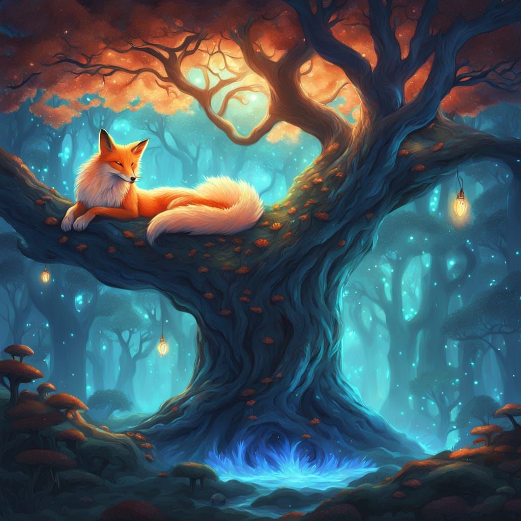 Mystical Nine-Tailed Fox Sleeping in Enchanted Forest