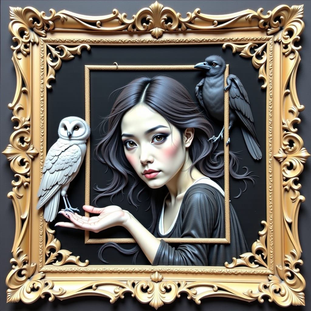 Maiden with Raven and Owl in Nested Frames
