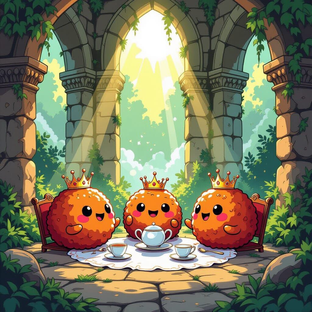 Meatball Royalty Tea Party in Ancient Ruins