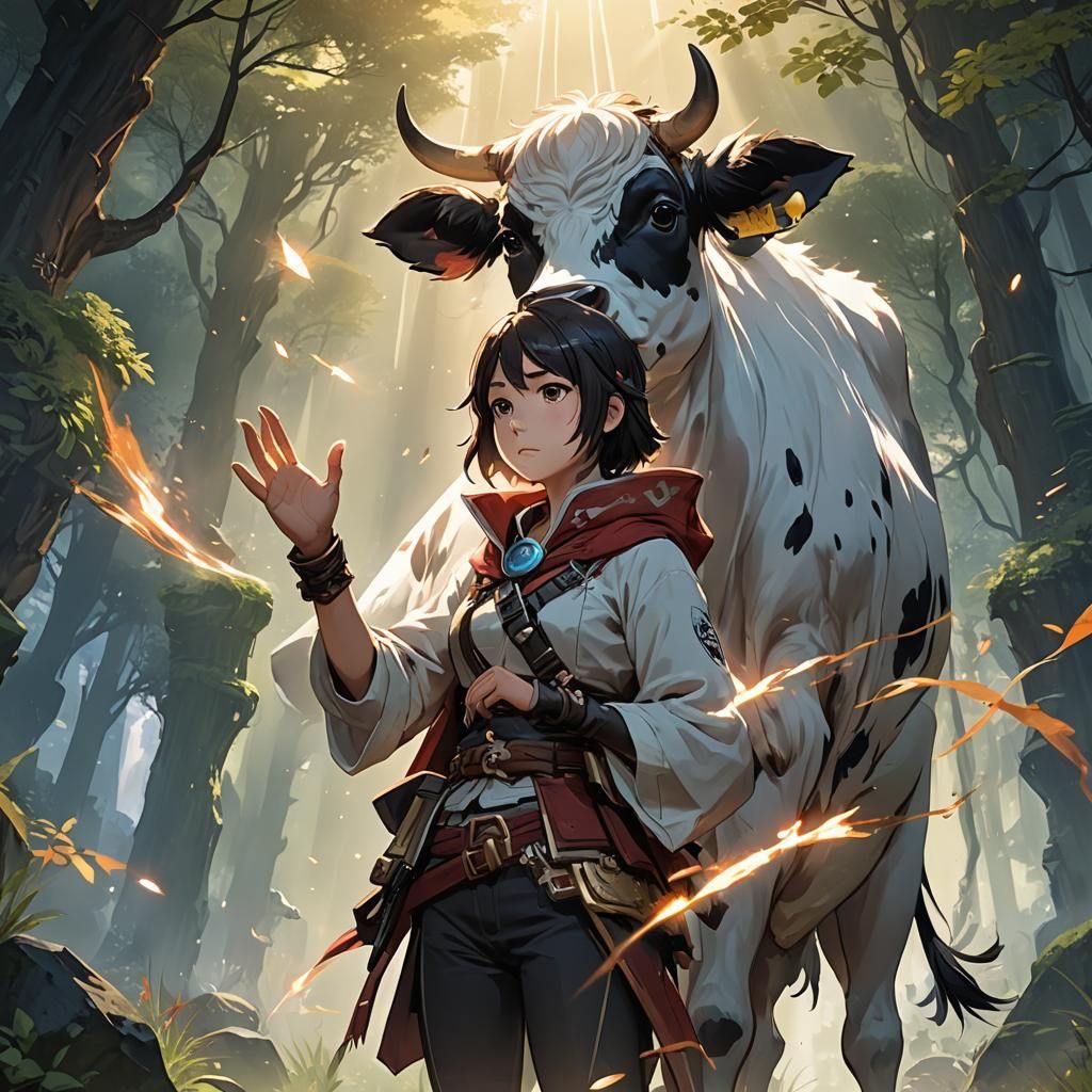 Tiny Cow in Giant Hand: Anime Concept Art