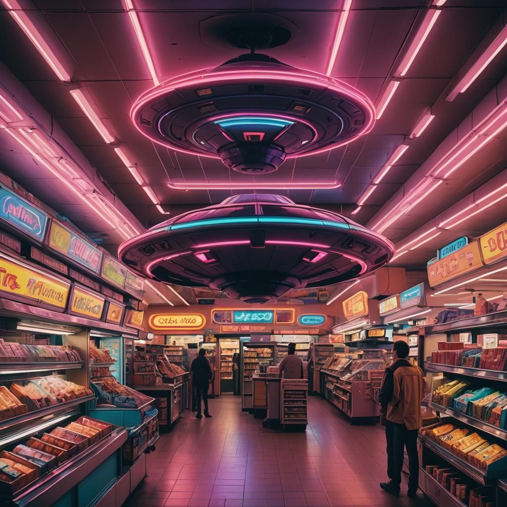1970s UFO over Supermarket in Synthwave Style