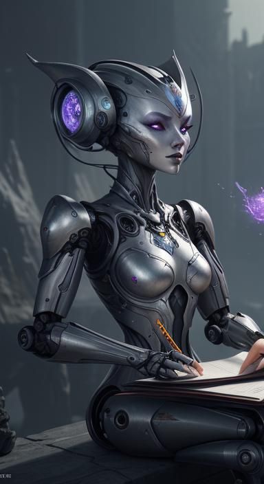 Robot Girl Writing: Detailed Fantasy Concept Art