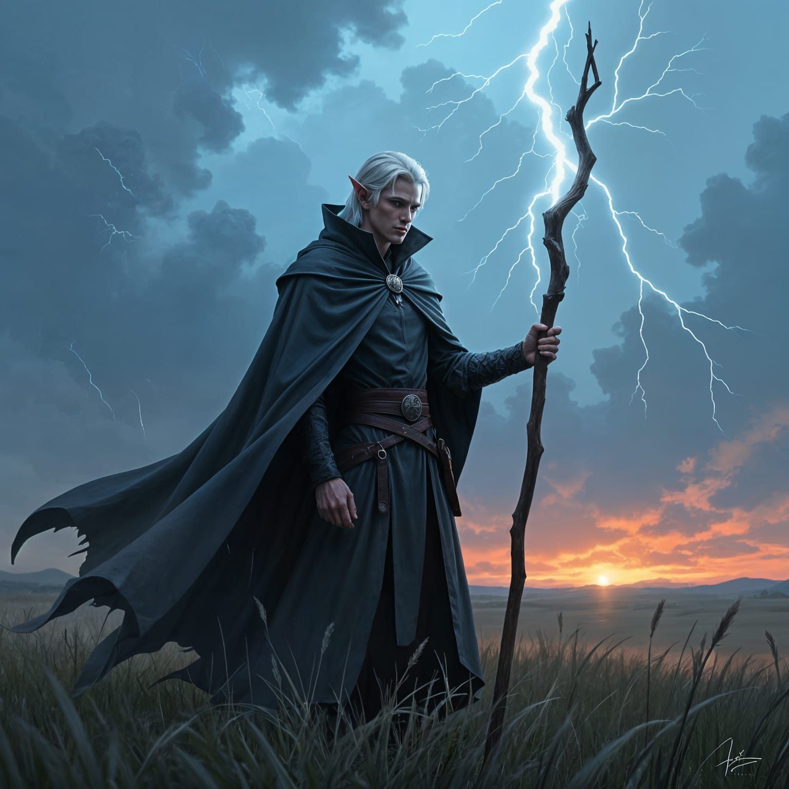 Elf Mage with Lightning Staff in Stormy Field