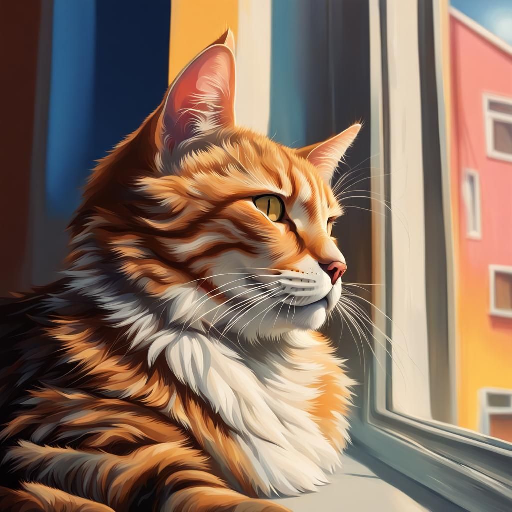 Hyperrealistic Stray Cat Sleeping on a Window