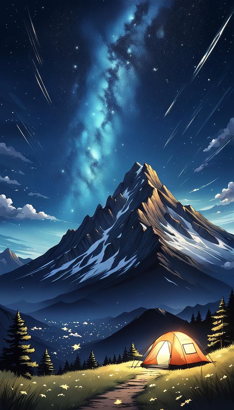 Anime Shooting Stars Over Mountain Landscape