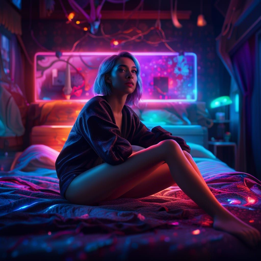 Neon Lit Woman in Black Tights: Fantasy Concept Art