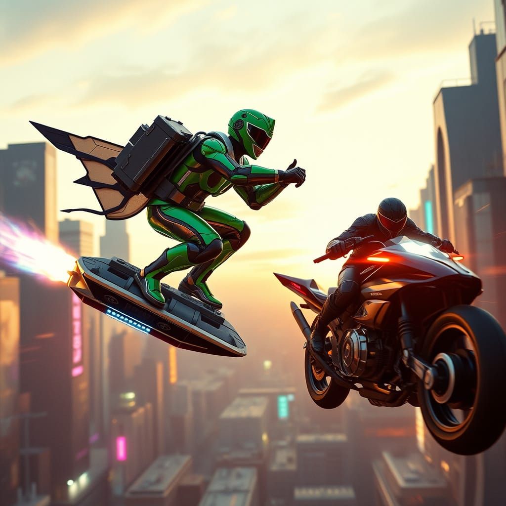 Cyberpunk Warriors Clash in High-Speed Battle