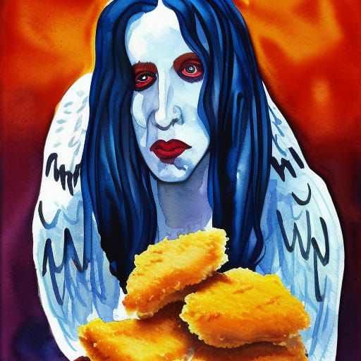 Watercolor Angel Offering Chicken Nuggets, Dark Aesthetic