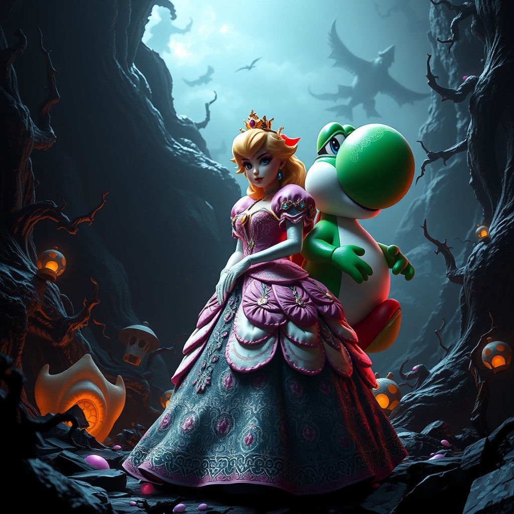 Princess Peach and Yoshi in Dark Fantasy Realm
