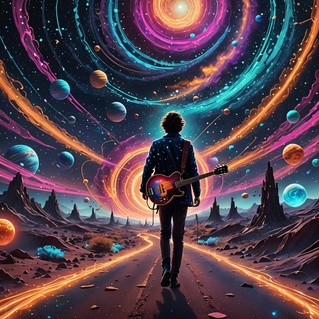 Cosmic Musician Walks Down a Glowing Highway