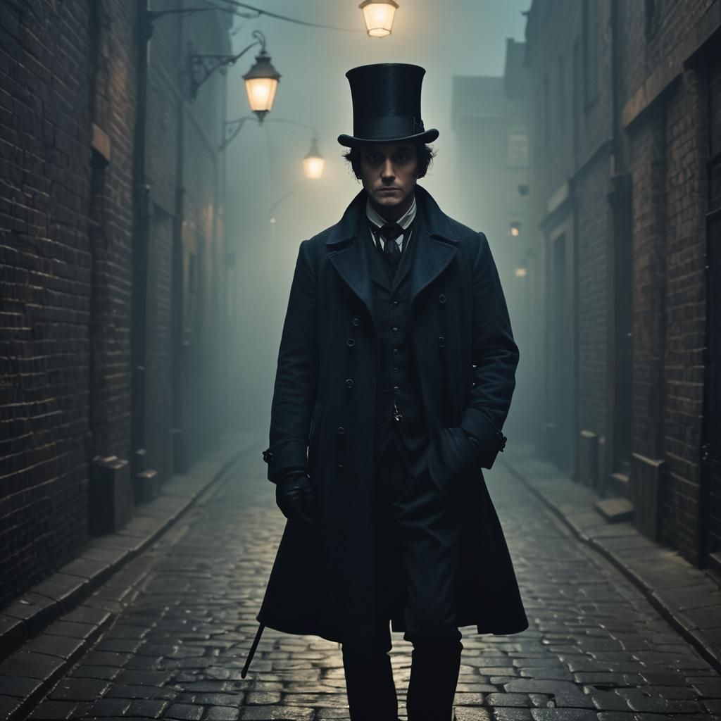 Mysterious Figure in Foggy Victorian Alleyway