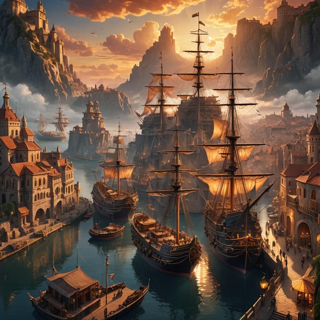 Magnificent Port Sunset Digital Matte Painting