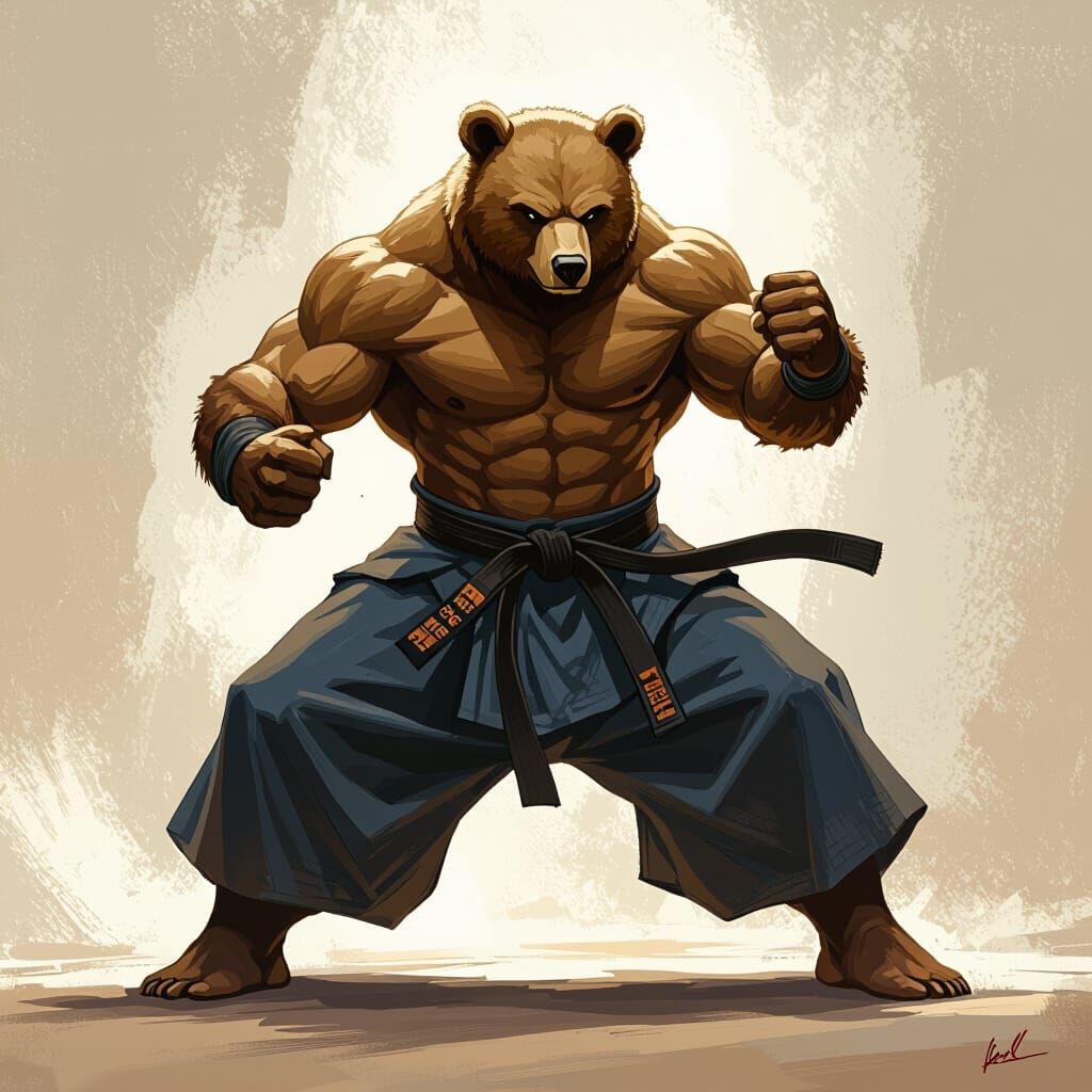 Aikido Bear in Dynamic Martial Arts Pose