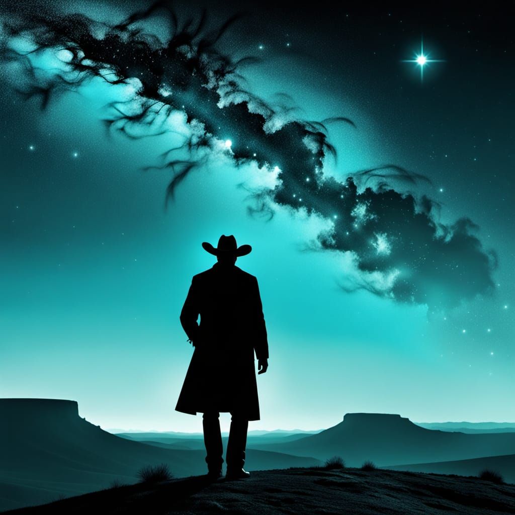 African American Cowboy Gazes at Electric Night Sky