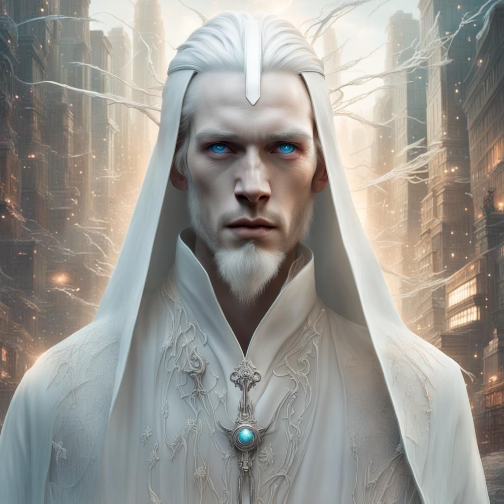 Ethereal Albino Man in Futuristic City