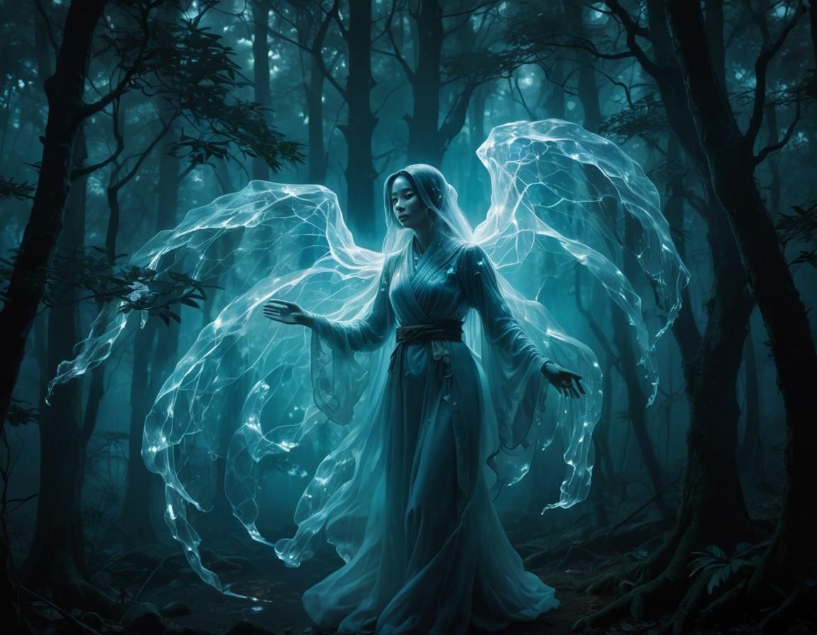 Ethereal Ghost Lady in Dark Japanese Forest
