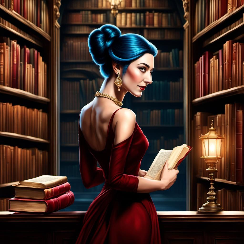 Hyperrealistic Portrait of Woman in Library