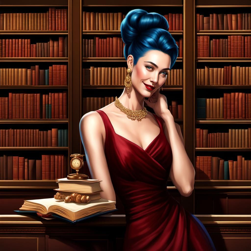 Blue-Haired Woman in Library: Hyperrealistic Splash Art