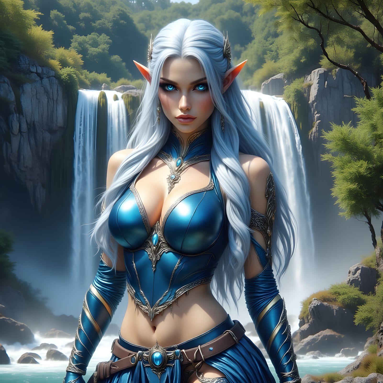 Majestic Elven Warrior in Waterfall Forest