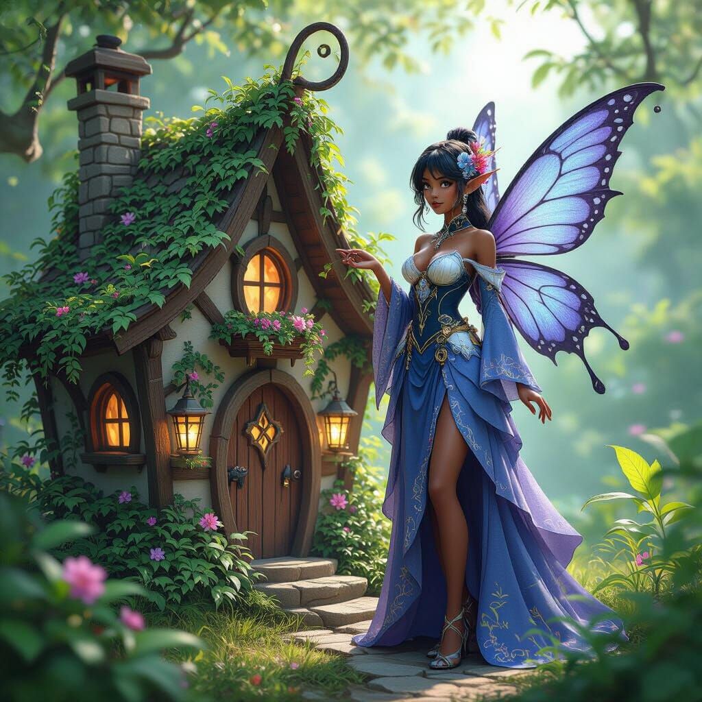 Elegant Fairy Beside Whimsical House in 3D Anime Style