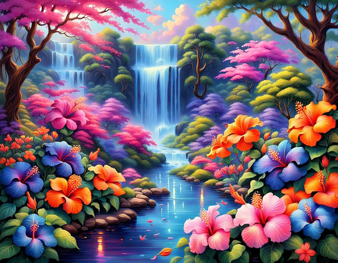 Colorful Xanadu Yard with Waterfall, Thomas Kinkade Style