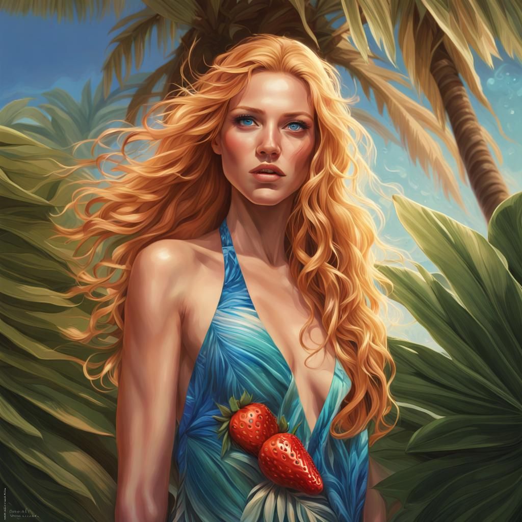 sunkissed female, dewy luminous skin, with long strawberry blonde hair, ocean blue luminous eyes, wearing   Exquisite Mu...