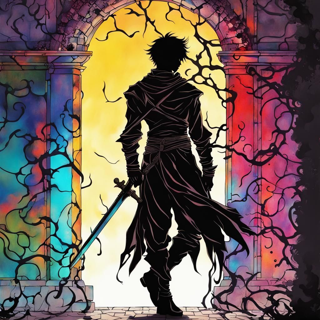 Anime Swordsman Silhouette with Shadow Magic