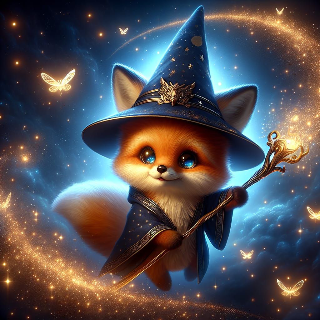 Wizard Fox Soaring Through Galaxy in Marine Painting Style