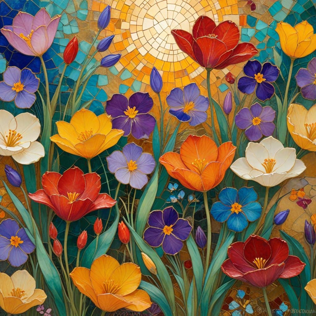 Mosaic Spring Florals in Vibrant Impasto Style