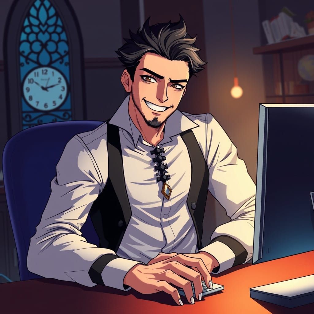 Gothic Gentleman Leans on Computer with Big Smile in Anime S...