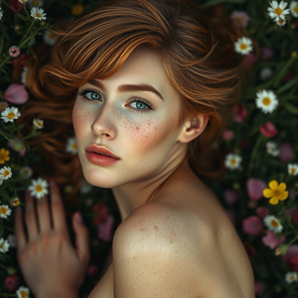 Freckled Woman in Flower Field: Hyperdetailed Portrait