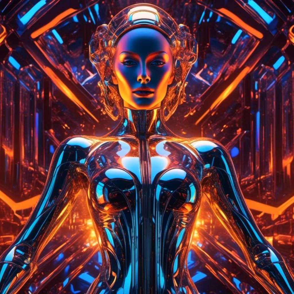 Holographic Woman with Glowing Robotic Face in Surreal Style