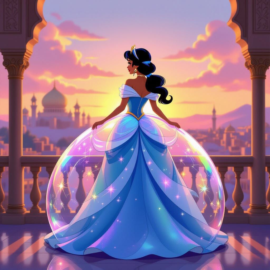 Princess Jasmine in Shimmering Inflatable Ball Gown at Sunse...