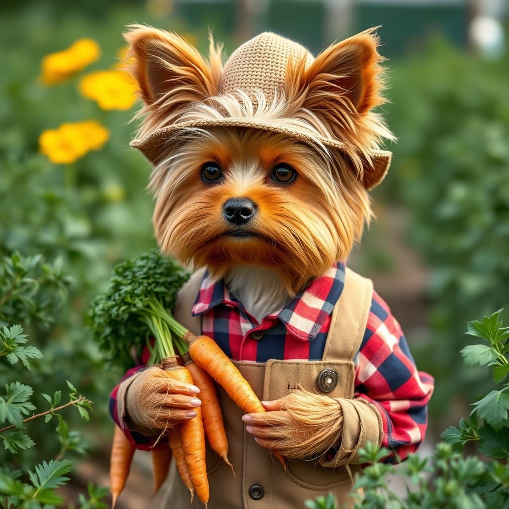 Yorkie in a Farmer's Hat