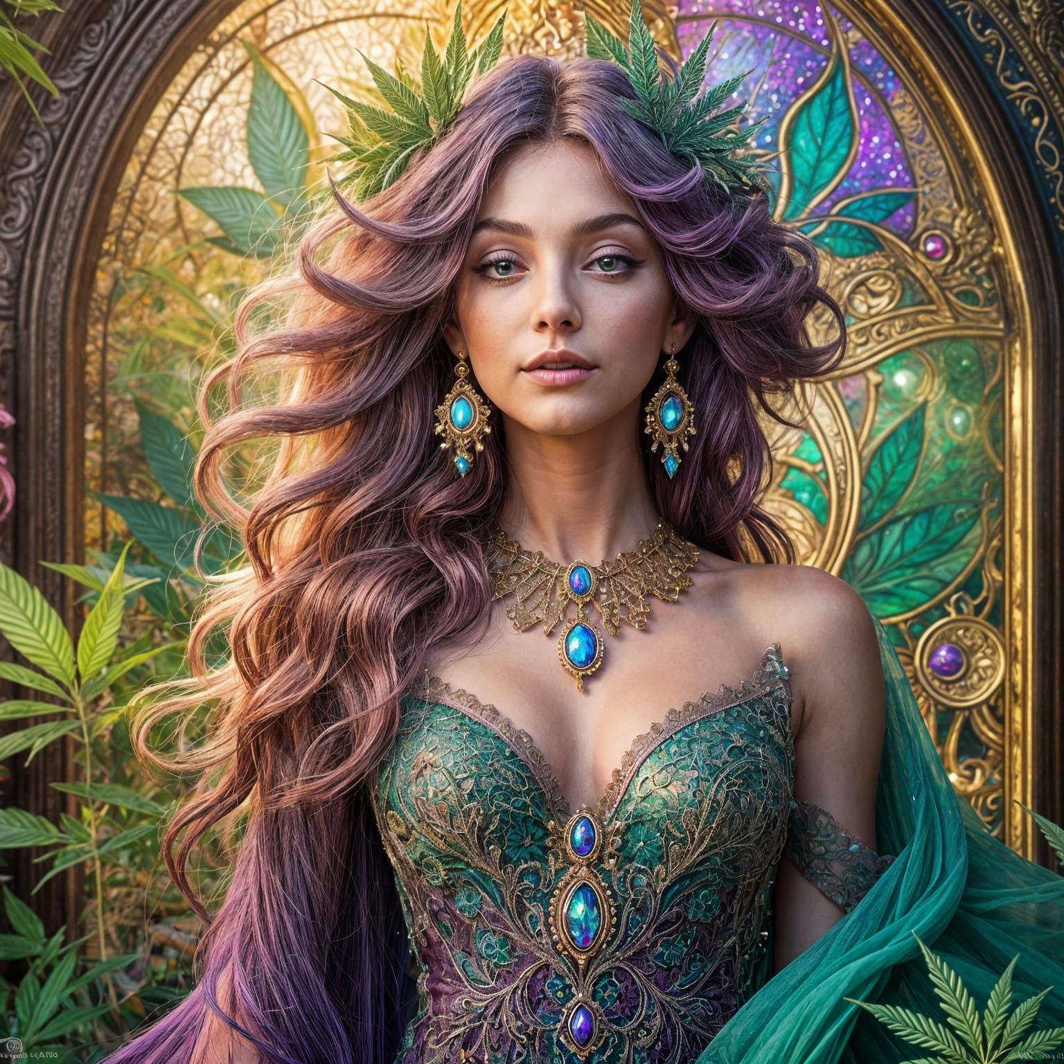 Ethereal Cannabis Goddess in Vibrant, Iridescent Gown