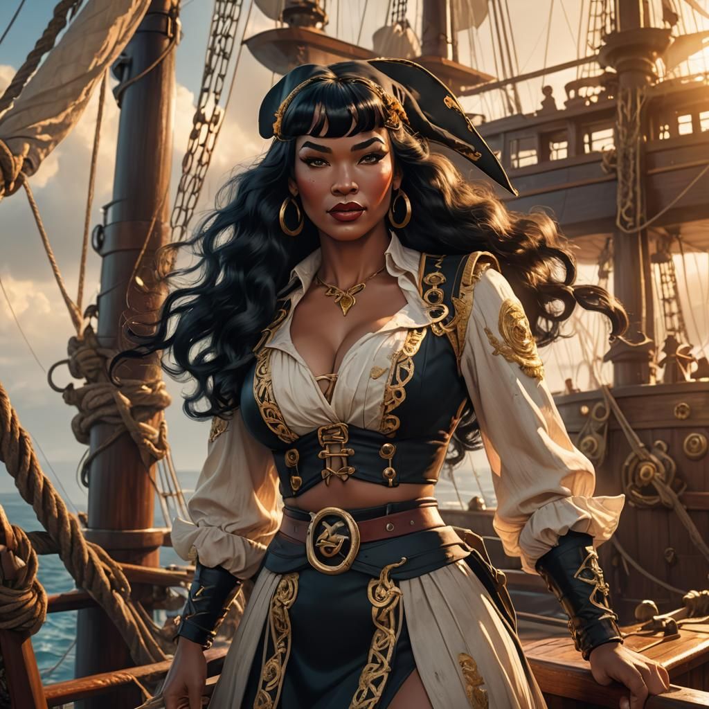 Fierce Caribbean Pirate in Anime Style on Deck