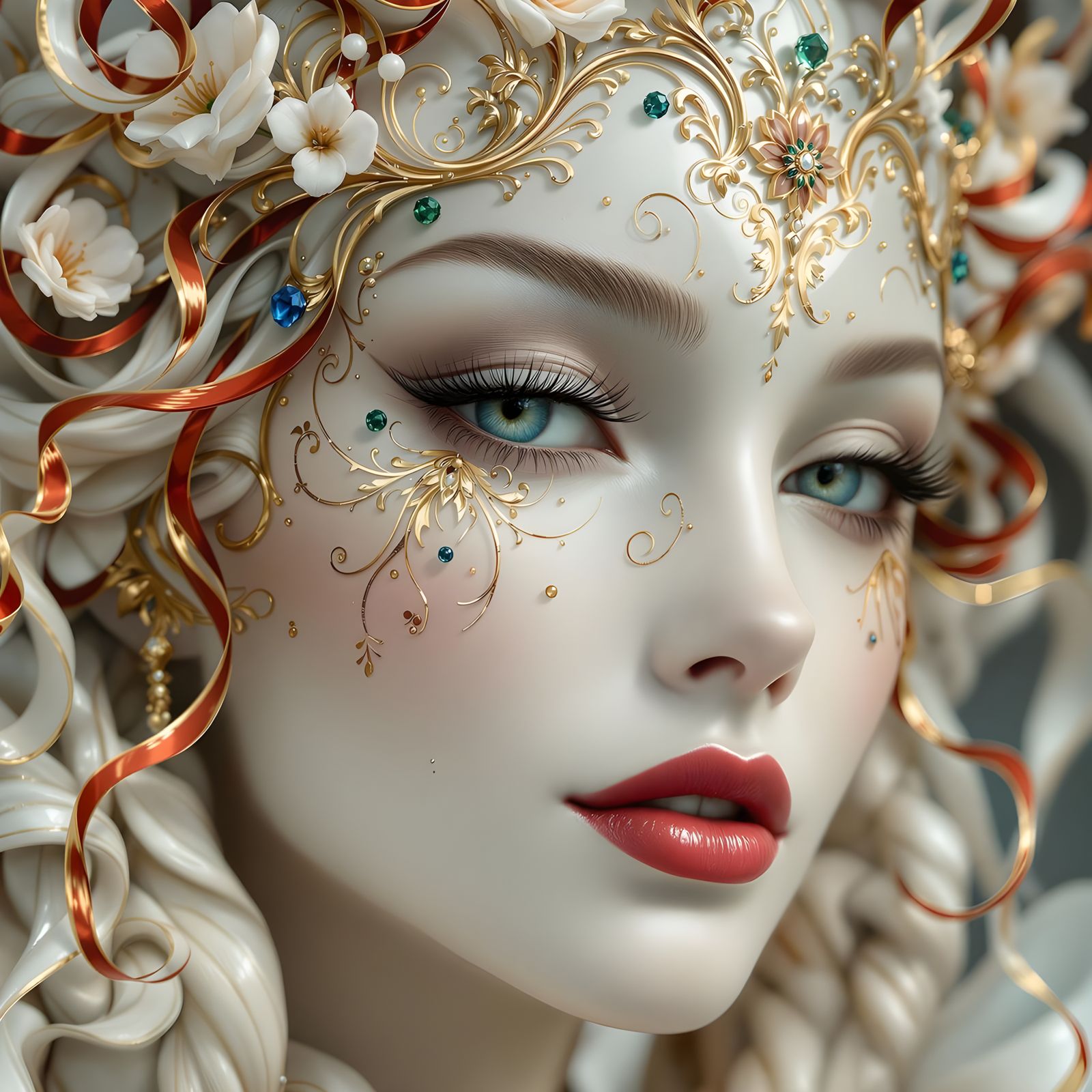 The mask, a swirling fantasy of porcelain, hugs the delicate contours of a woman's face. Its base is a creamy ivory, coo...