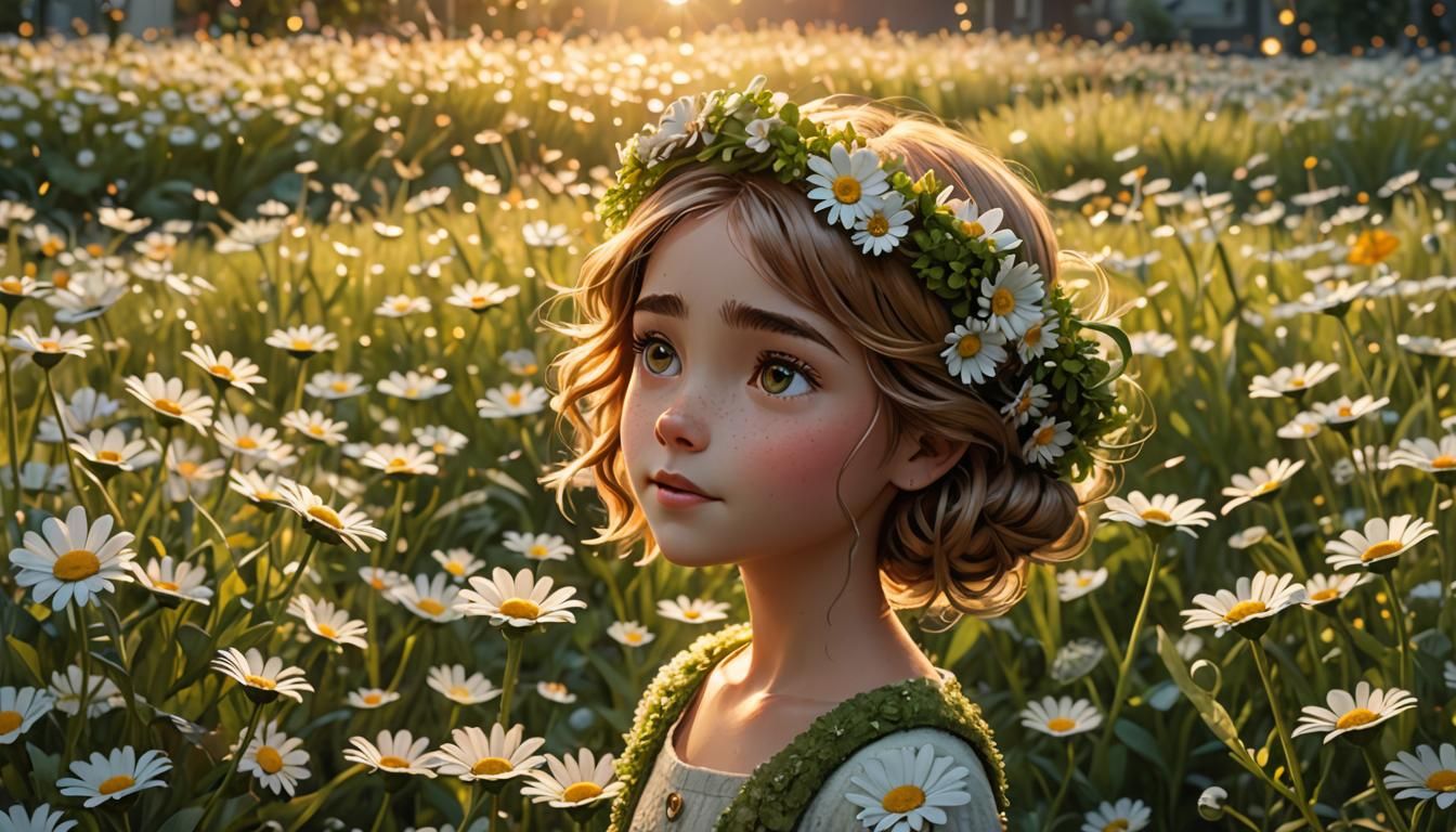 Girl with Daisy Wreath: Whimsical Pixar-Style 3D Render