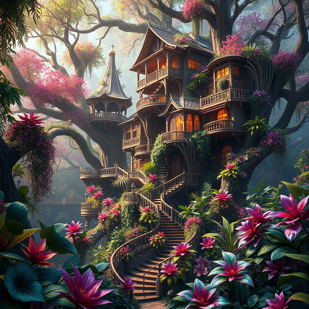 Majestic Treehouse with Exotic Foliage in Digital Art