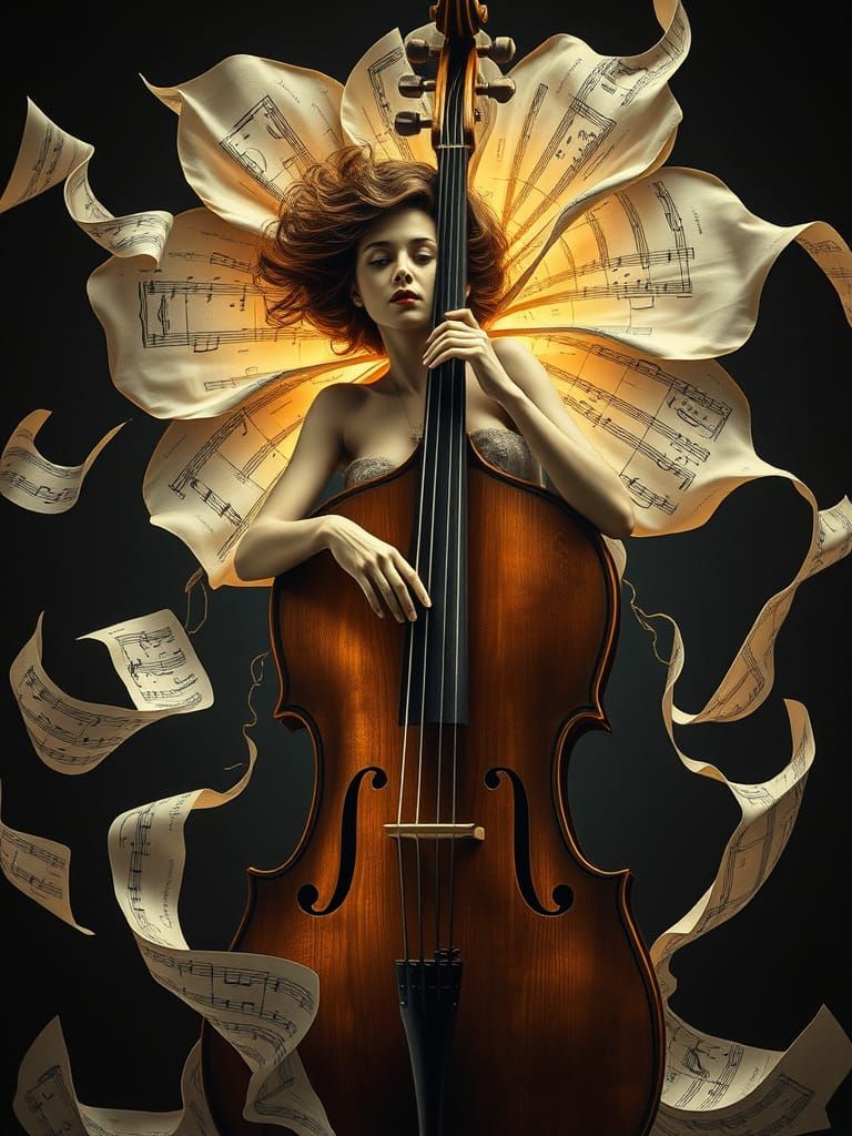 Surreal Woman Emerges from Blooming Cello