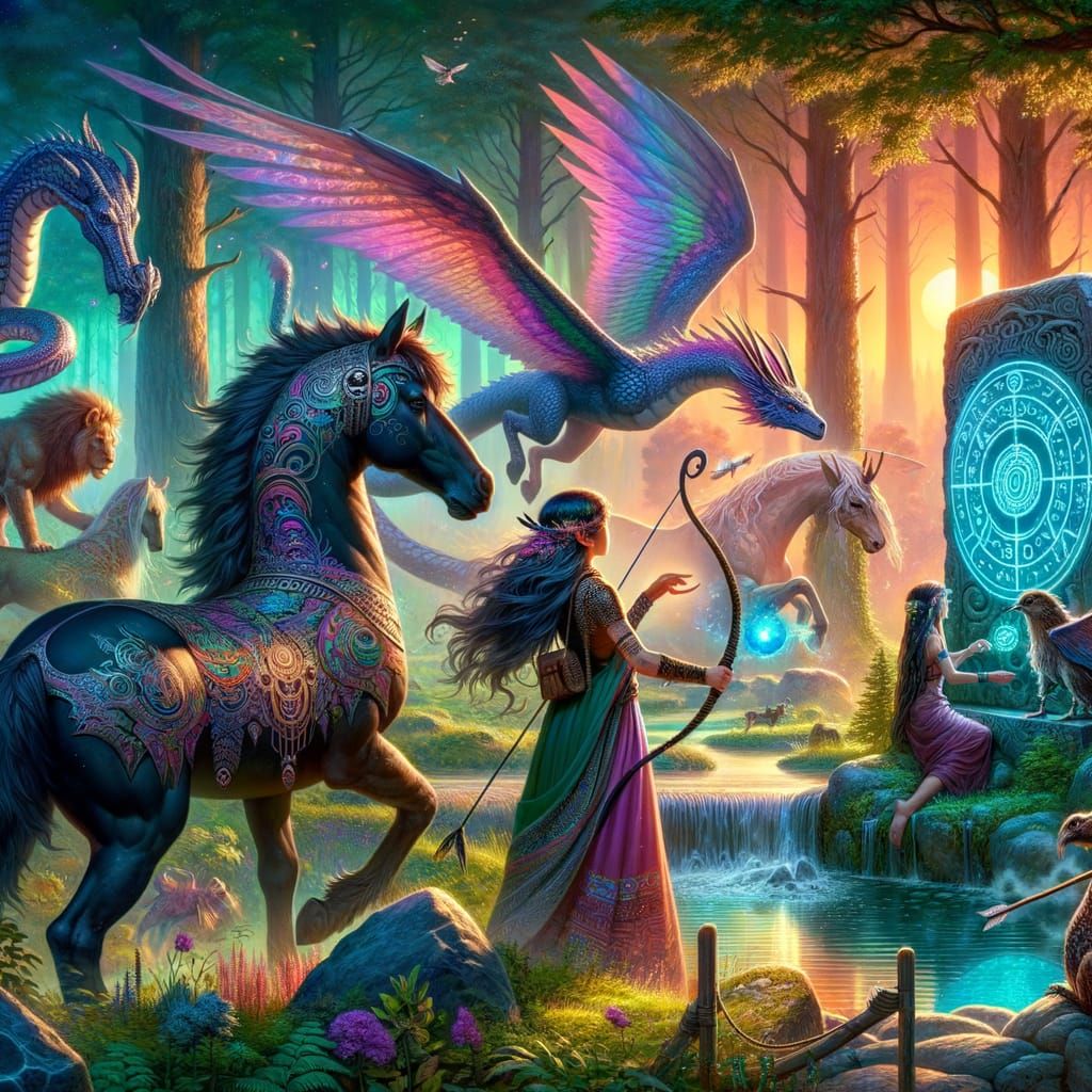Fantasy Forest Scene With Centaur, Dragon, and Elf