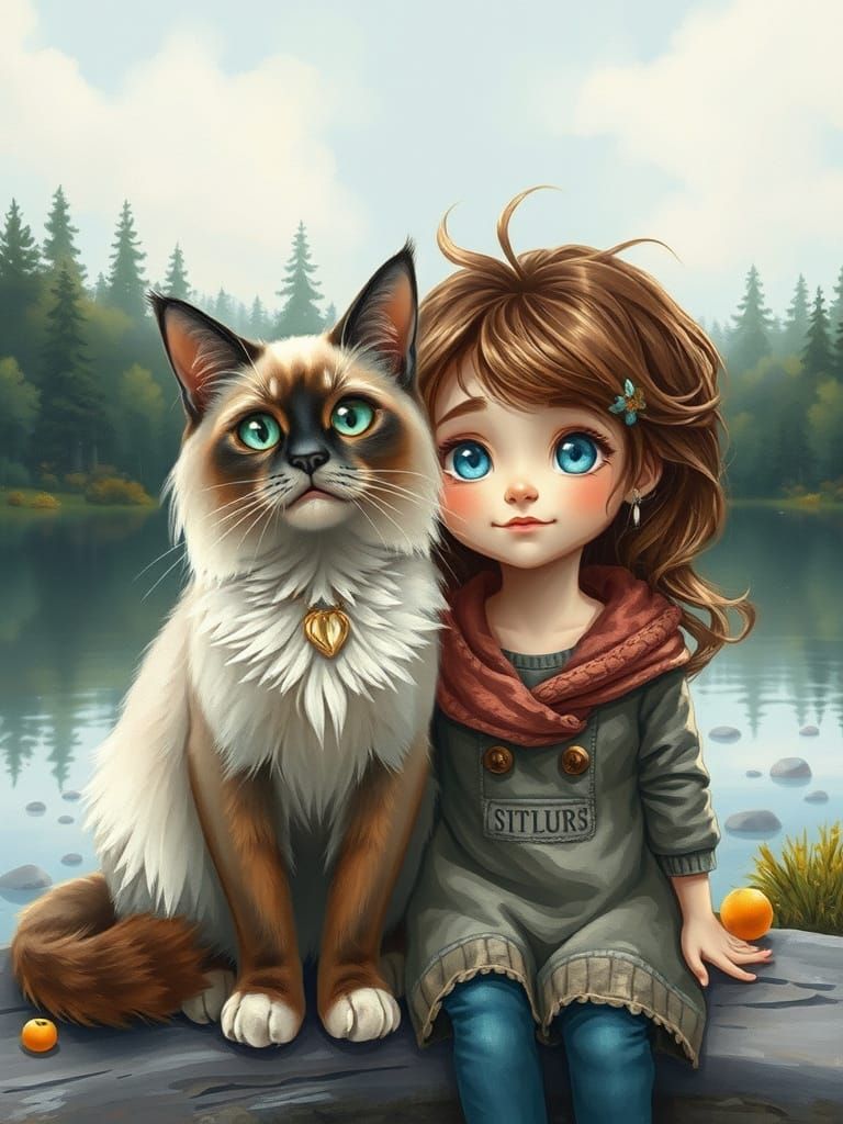 Siamese Cat and Girl in Whimsical 3D Cartoon Style