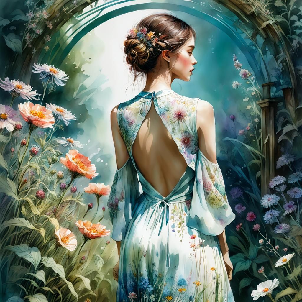 Woman in Flower Garden Watercolor Illustration