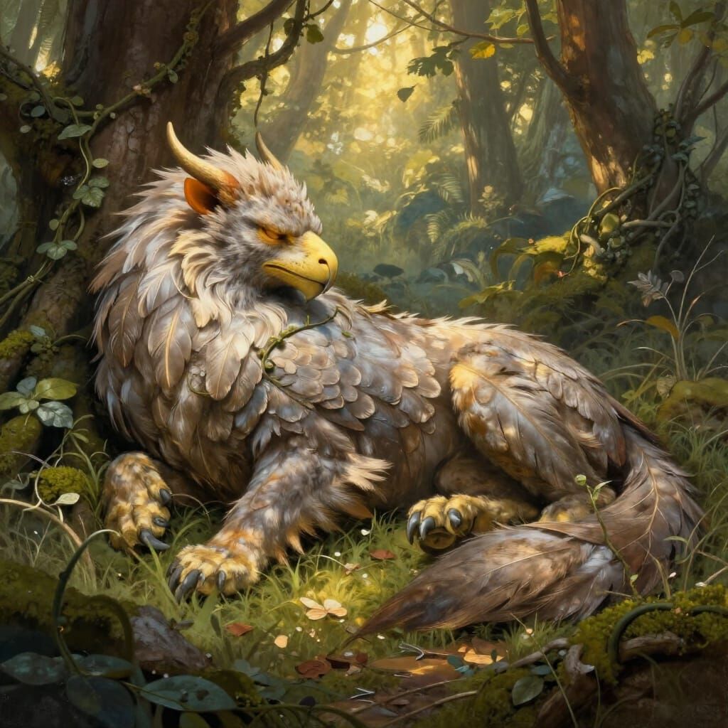 Majestic Griffin Rests in Sunlit Ancient Forest